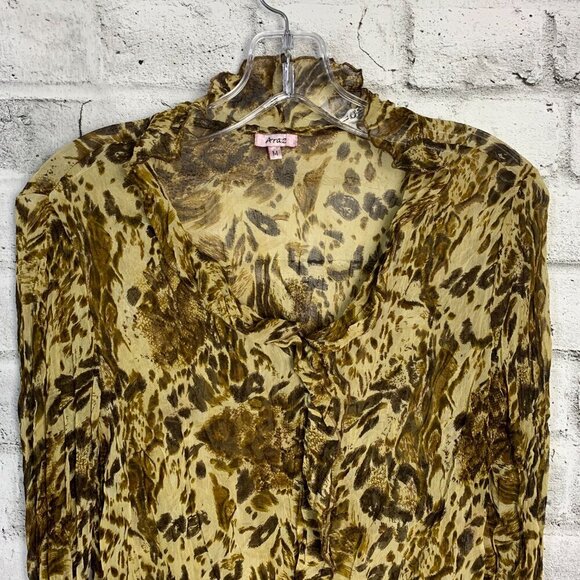 Vintage Y2K Sheer Leopard Print Flare Sleeve Ruffle V-Neck Blouse - Picture 2 of 12